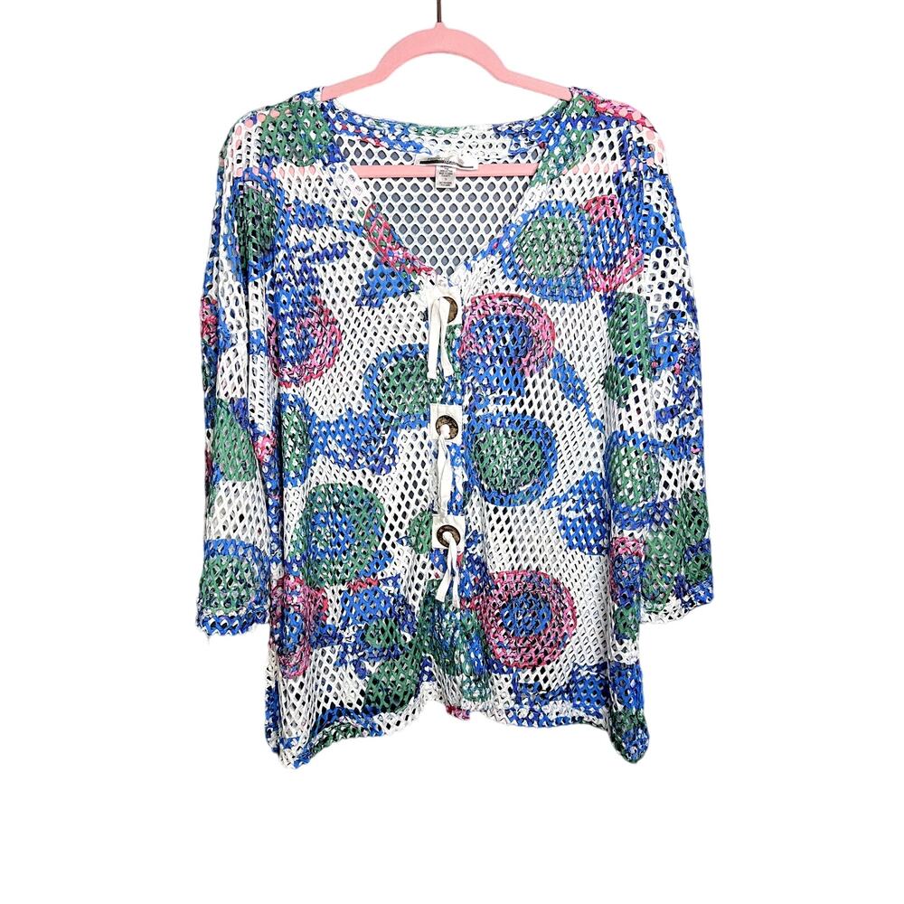 Mirror Image Open Knit Swimsuit Cover Up Coastal Grandma Cherry Floral 1x Women